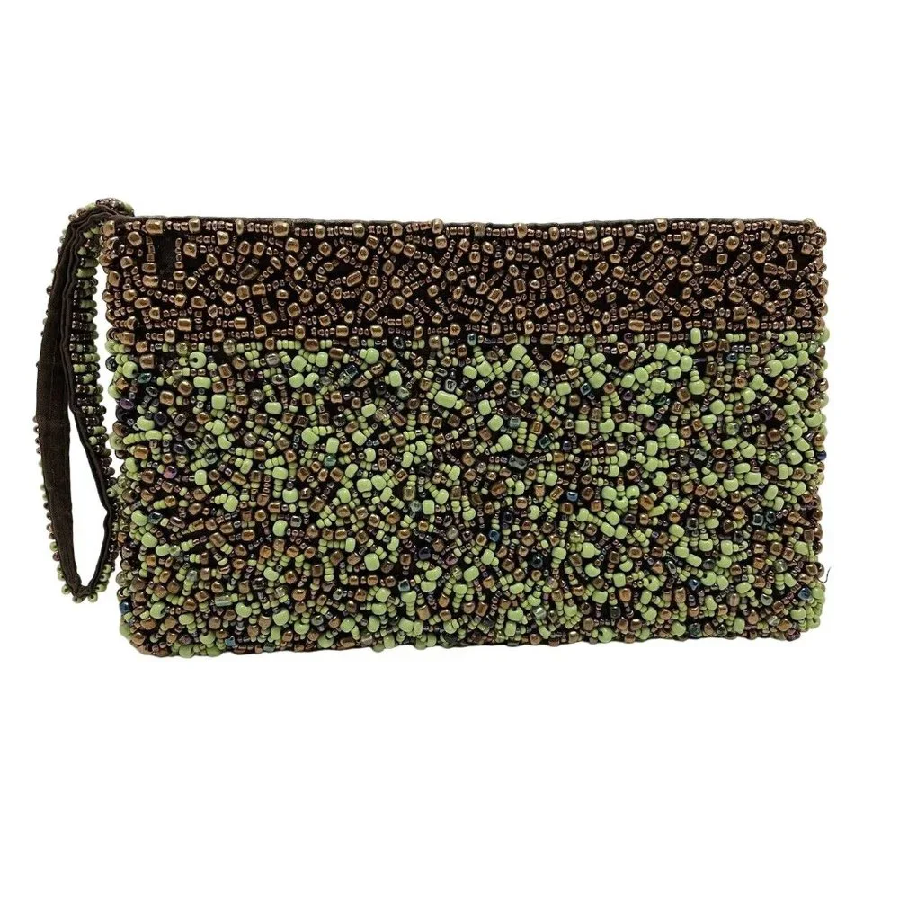About Color Womens Beaded Clutch Wristlet Bag Purse Evening Day Gold Green - Picture 3 of 5